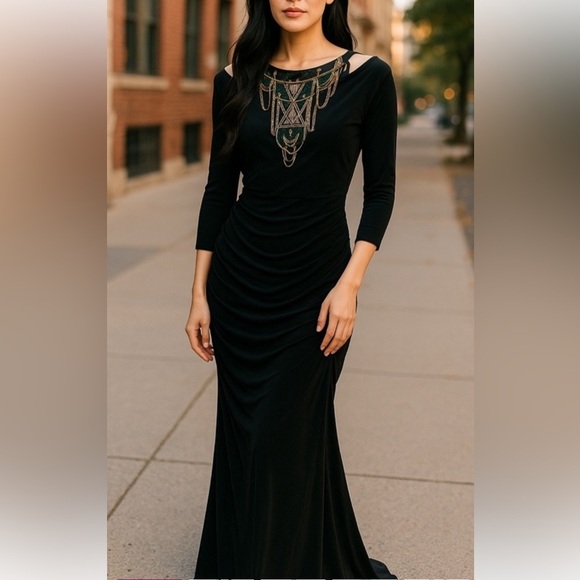 BADGLEY MISCHKA BLACK COLD SHOULDER FORMAL RETRO BEJEWELED MAXI DRESS GOWN SZ 4 - Picture 1 of 7